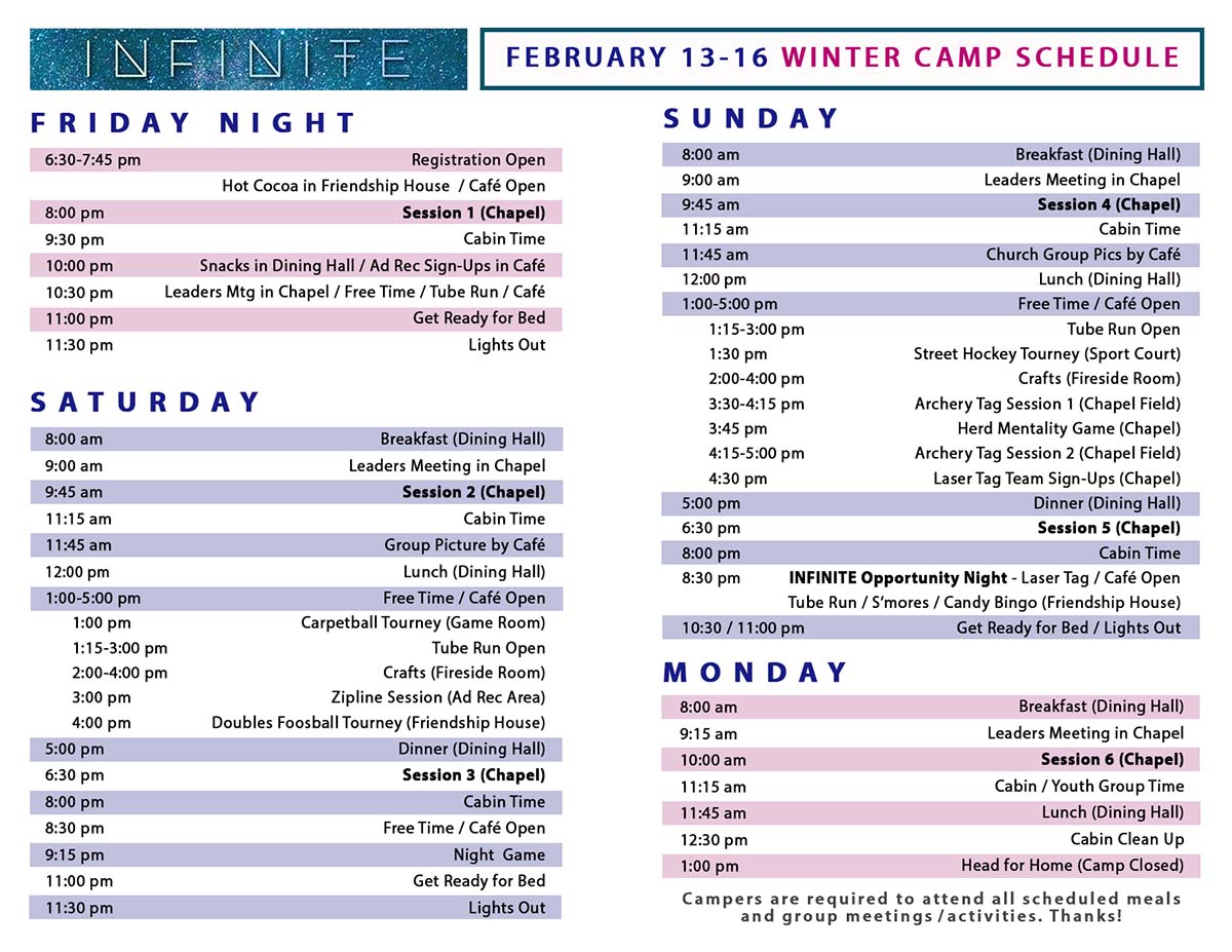 Junior & High School Combo Winter Camps Schedule
